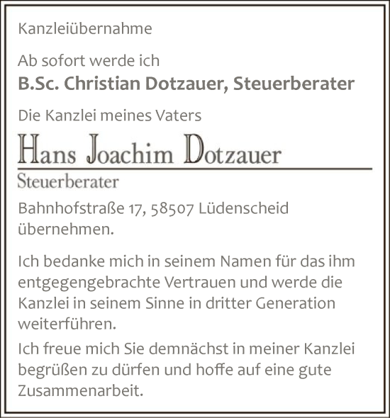 Todesanzeige von Hans Joachim Dotzauer von WA