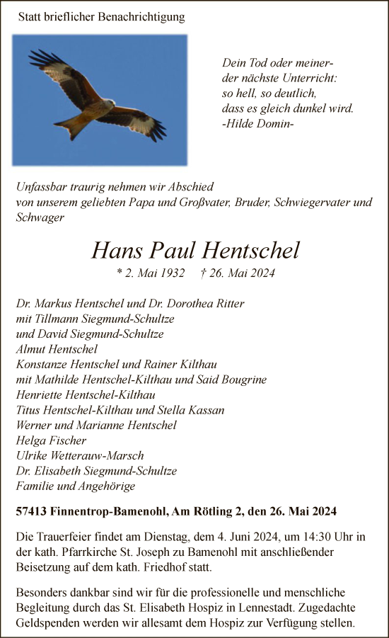 Todesanzeige von Hans Paul Hentschel von WA