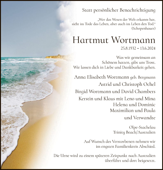 Todesanzeige von Hartmut Wortmann von WA