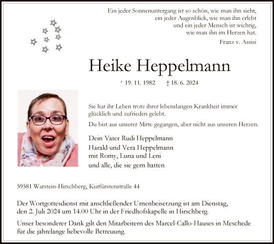 Todesanzeige von Heike Heppelmann von WA