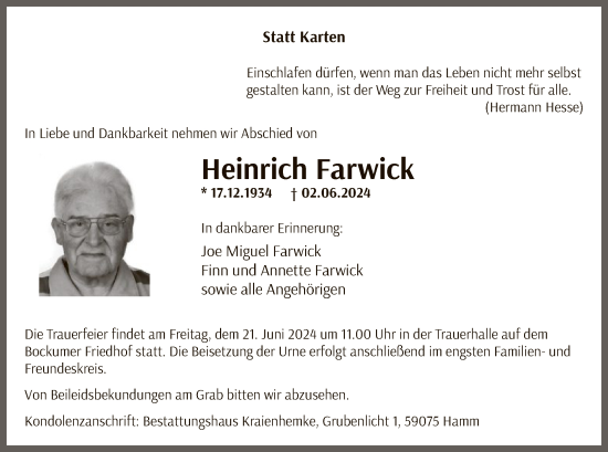 Todesanzeige von Heinrich Farwick von WA
