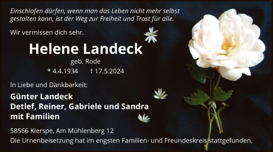 Todesanzeige von Helene Landeck von WA