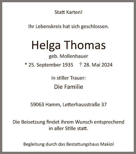 Todesanzeige von Helga Thomas von WA