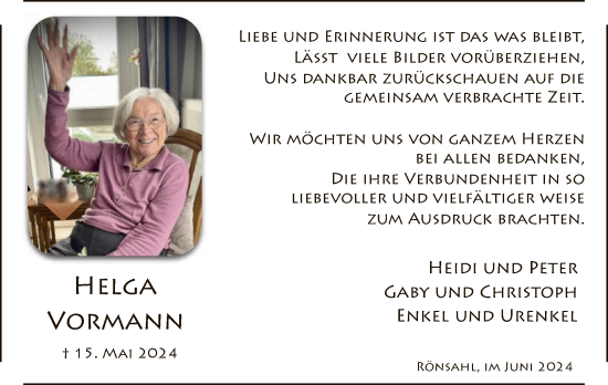 Todesanzeige von Helga Vormann von WA