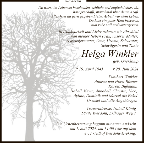 Todesanzeige von Helga Winkler von WA
