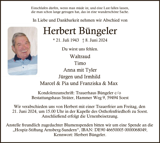 Todesanzeige von Herbert Büngeler von WA