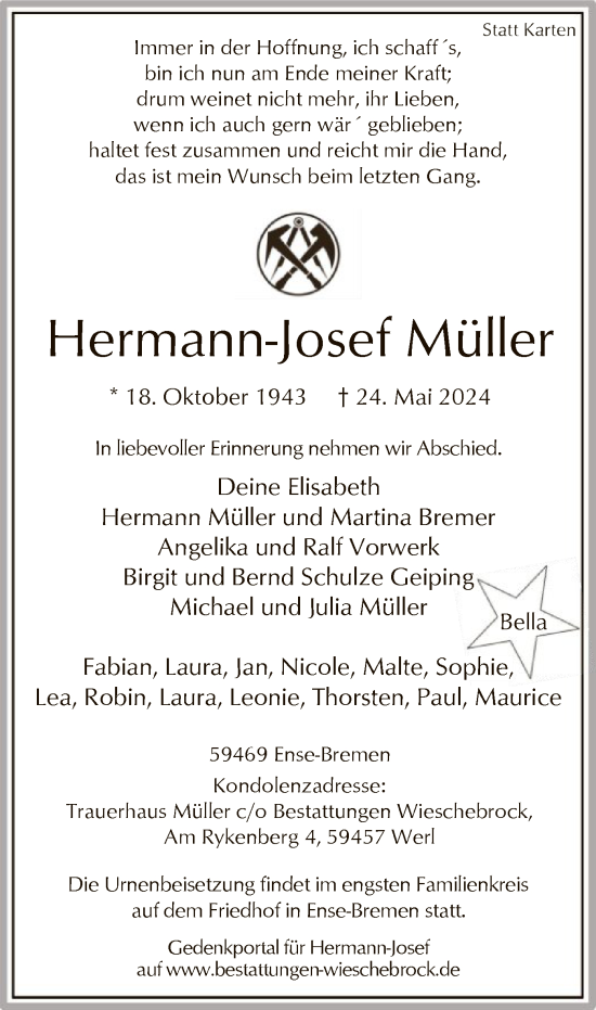 Todesanzeige von Hermann-Josef Müller von WA