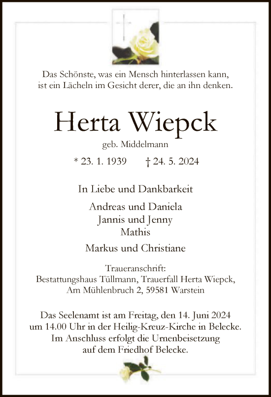 Todesanzeige von Herta Wiepck von WA