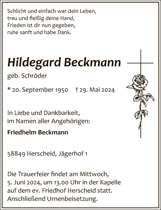 Todesanzeige von Hildegard Beckmann von WA