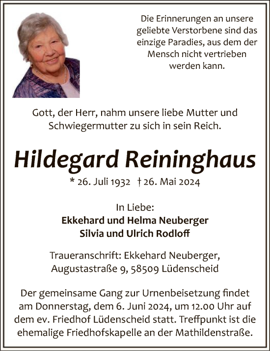 Todesanzeige von Hildegard Reininghaus von WA