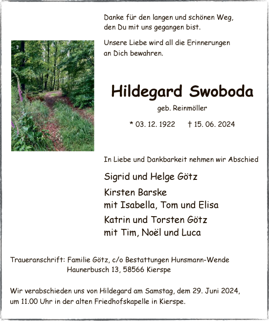 Todesanzeige von Hildegard Swoboda von WA