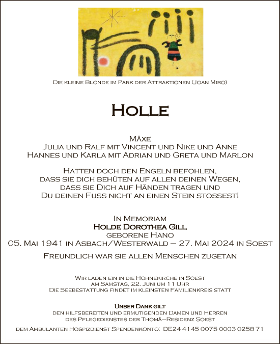 Todesanzeige von Holde Dorothea Gill von WA