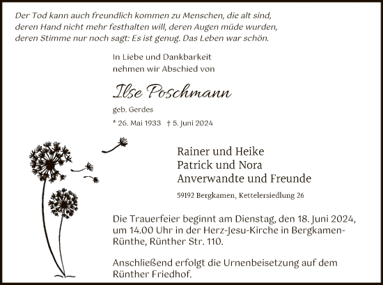 Todesanzeige von Ilse Poschmann von WA