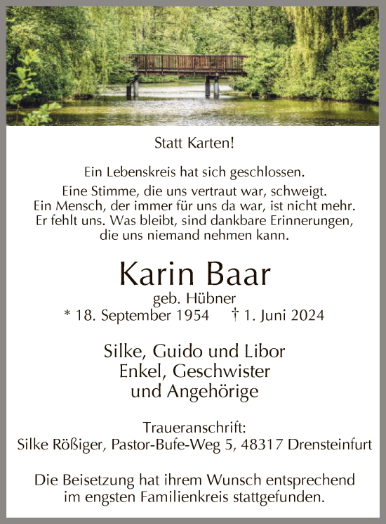 Todesanzeige von Karin Baar von WA