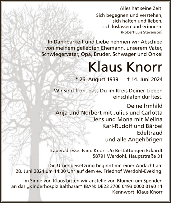 Todesanzeige von Klaus Knorr von WA