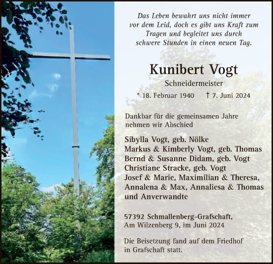 Todesanzeige von Kunibert Vogt von WA