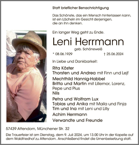 Todesanzeige von Leni Herrmann von WA