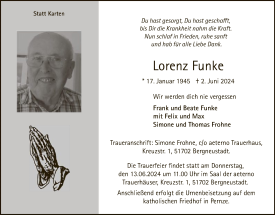 Todesanzeige von Lorenz Funke von WA