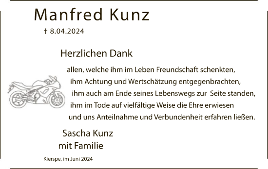 Todesanzeige von Manfred Kunz von WA