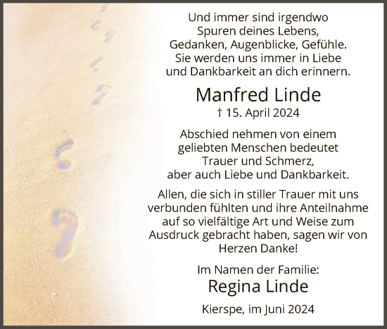 Todesanzeige von Manfred Linde von WA
