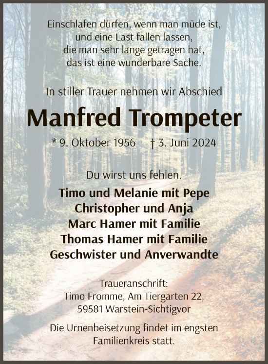 Todesanzeige von Manfred Trompeter von WA