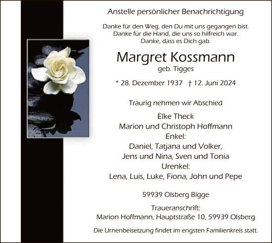 Todesanzeige von Margret Kossmann von WA