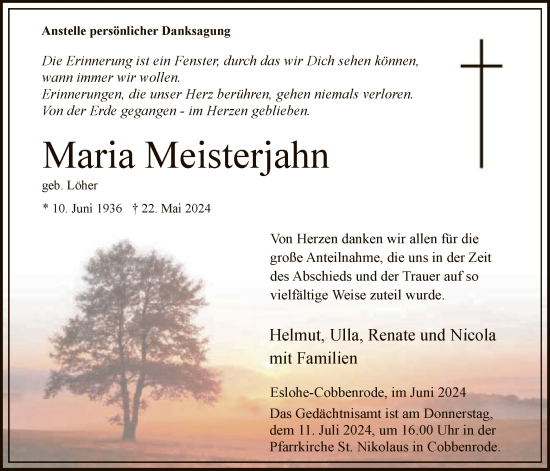 Todesanzeige von Maria Meisterjahn von WA
