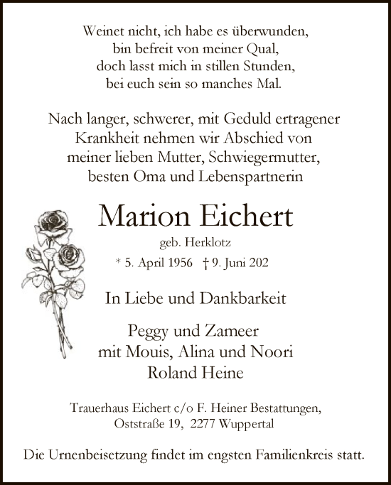 Todesanzeige von Marion Eichert von WA