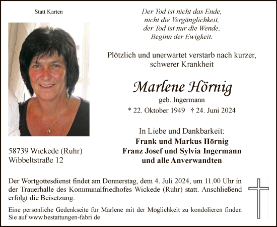 Todesanzeige von Marlene Hörnig von WA