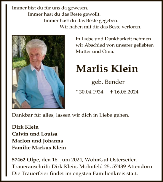 Todesanzeige von Marlis Klein von WA