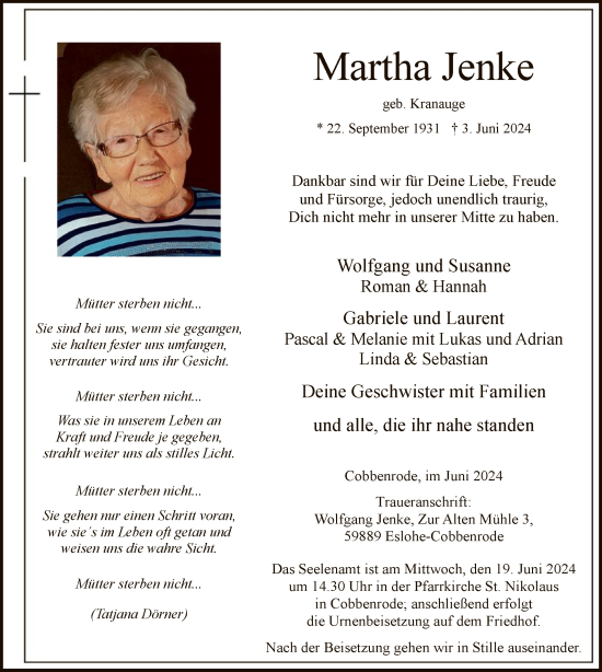 Todesanzeige von Martha Jenke von WA