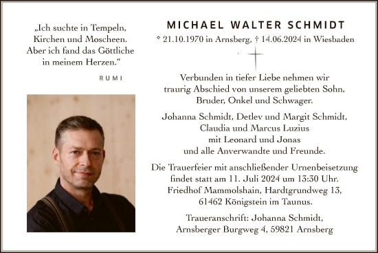 Todesanzeige von Michael Schmidt von WA