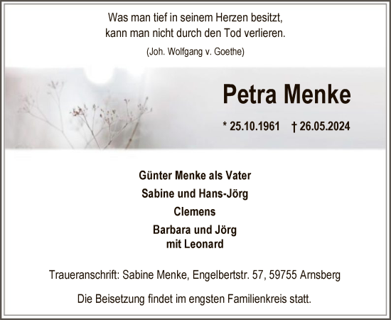 Todesanzeige von Petra Menke von WA