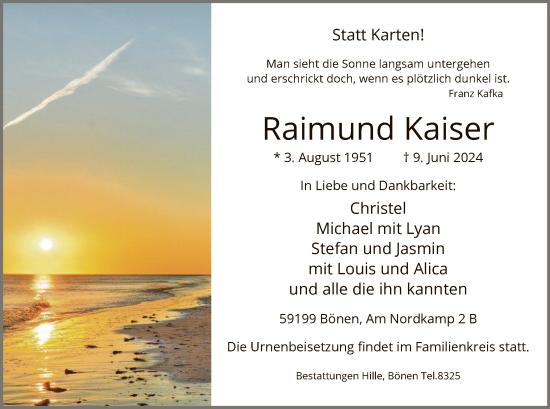 Todesanzeige von Raimund Kaiser von WA
