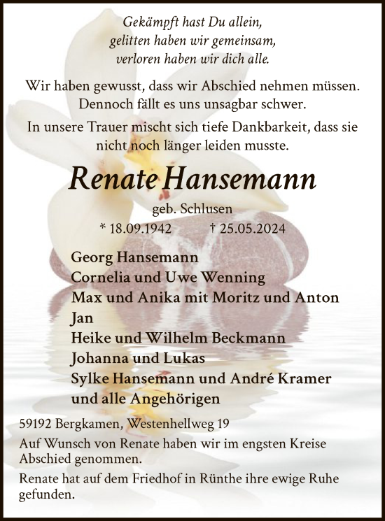 Todesanzeige von Renate Hansemann von WA