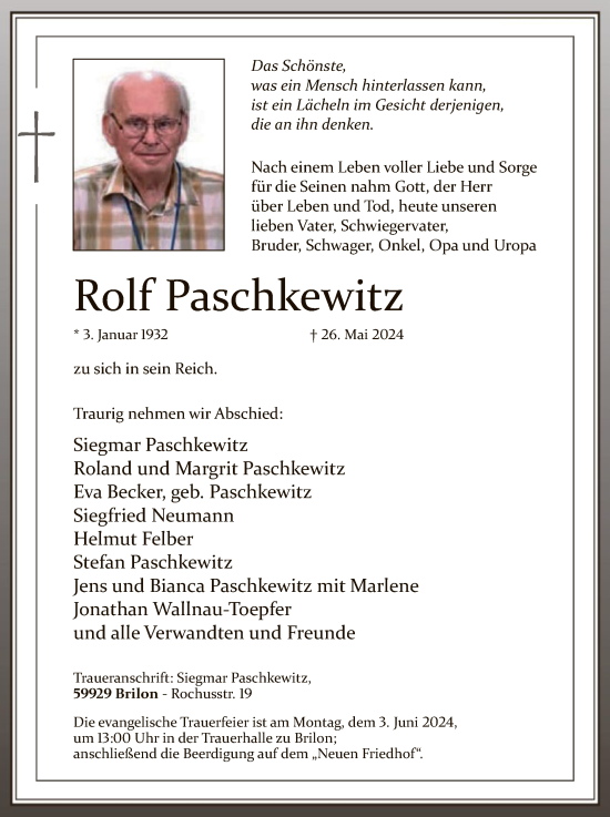 Todesanzeige von Rolf Paschkewitz von WA