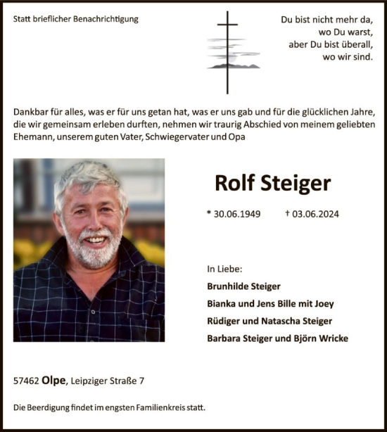 Todesanzeige von Rolf Steiger von WA