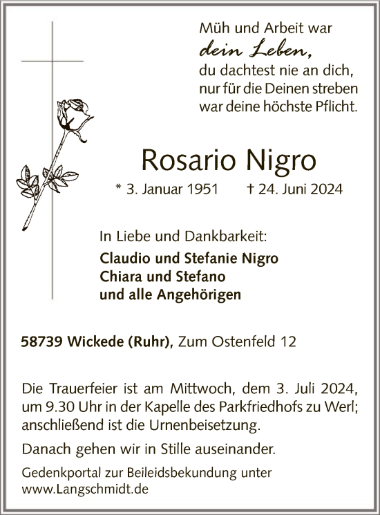 Todesanzeige von Rosario Nigro von WA
