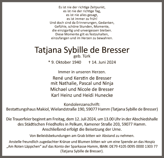 Todesanzeige von Tatjana Sybille de Bresser von WA