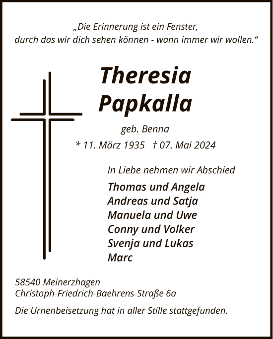 Todesanzeige von Theresia Papkalla von WA