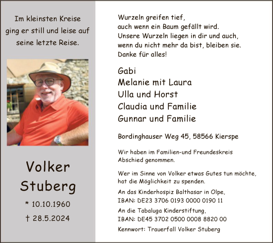 Todesanzeige von Volker Stuberg von WA