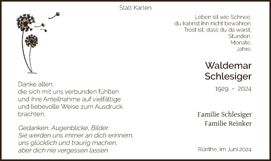 Todesanzeige von Waldemar Schlesiger von WA