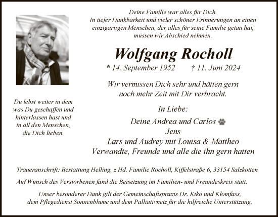 Todesanzeige von Wolfgang Rocholl von WA
