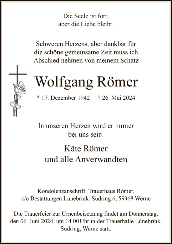 Todesanzeige von Wolfgang Römer von WA