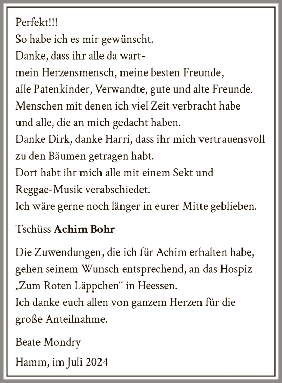 Todesanzeige von Achim Bohr von WA