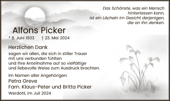 Todesanzeige von Alfons Picker von WA