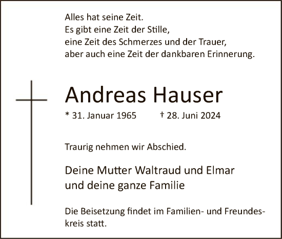 Todesanzeige von Andreas Hauser von WA