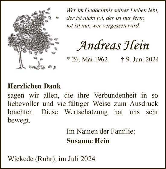 Todesanzeige von Andreas Hein von WA