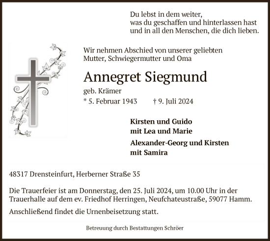 Todesanzeige von Annegret Siegmund von WA