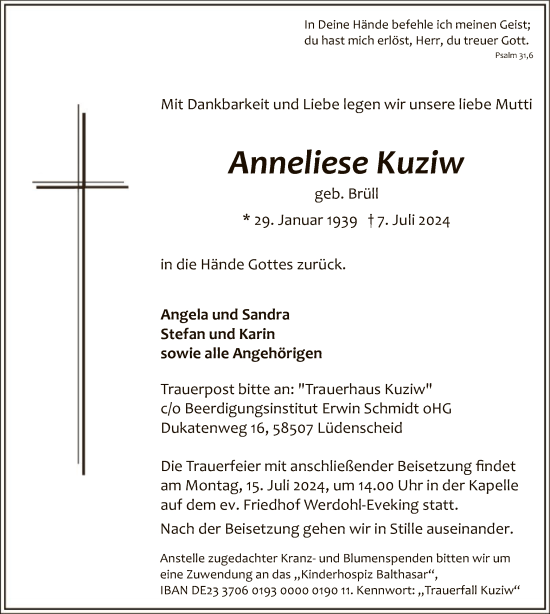 Todesanzeige von Anneliese Kuziw von WA